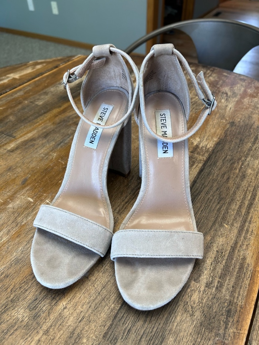 Steve Madden Light Beige Suede Block Heel Sandals with Ankle Strap